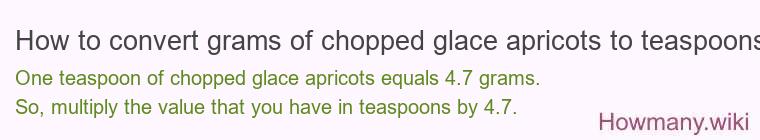 How to convert grams of chopped glace apricots to teaspoons? How to convert grams of chopped glace apricots to teaspoons?