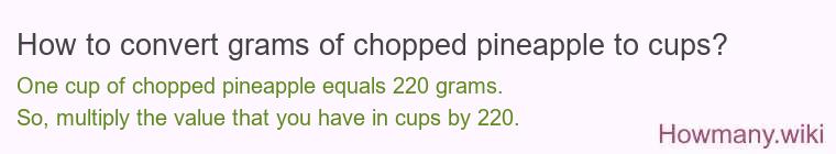 How to convert grams of chopped pineapple to cups? How to convert grams of chopped pineapple to cups?