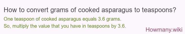 How to convert grams of cooked asparagus to teaspoons? How to convert grams of cooked asparagus to teaspoons?