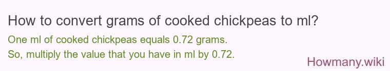 How to convert grams of cooked chickpeas to ml? How to convert grams of cooked chickpeas to ml?