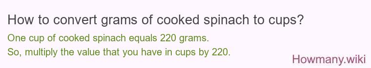 How to convert grams of cooked spinach to cups?