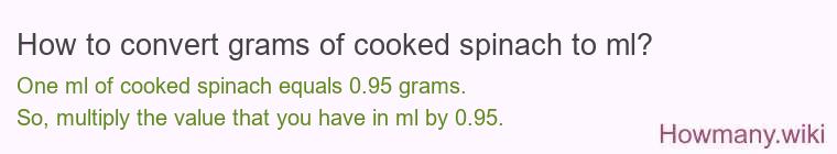 How to convert grams of cooked spinach to ml? How to convert grams of cooked spinach to ml?