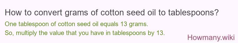 How to convert grams of cotton seed oil to tablespoons?