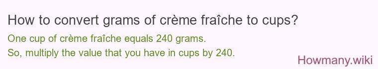 How to convert grams of crème fraîche to cups? How to convert grams of crème fraîche to cups?