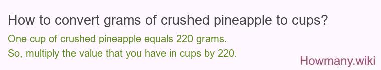How to convert grams of crushed pineapple to cups? How to convert grams of crushed pineapple to cups?