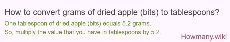 How to convert grams of dried apple (bits) to tablespoons? How to convert grams of dried apple (bits) to tablespoons?