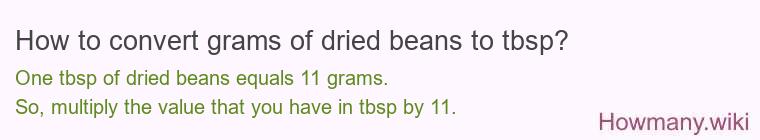How to convert grams of dried beans to tbsp? How to convert grams of dried beans to tbsp?