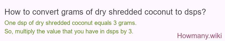 How to convert grams of dry shredded coconut to dsps? How to convert grams of dry shredded coconut to dsps?