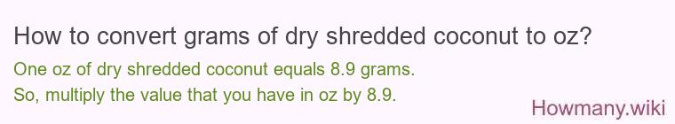 How to convert grams of dry shredded coconut to oz? How to convert grams of dry shredded coconut to oz?