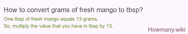 How to convert grams of fresh mango to tbsp? How to convert grams of fresh mango to tbsp?