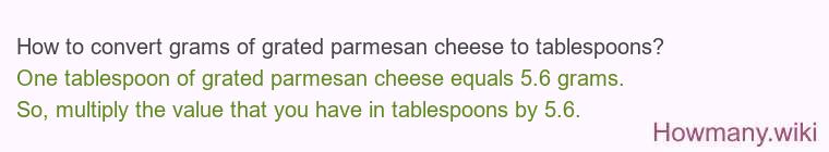 How to convert grams of grated parmesan cheese to tablespoons? How to convert grams of grated parmesan cheese to tablespoons?