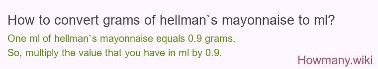 How to convert grams of hellman`s mayonnaise to ml? How to convert grams of hellman`s mayonnaise to ml?