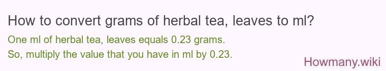 How to convert grams of herbal tea, leaves to ml? How to convert grams of herbal tea, leaves to ml?
