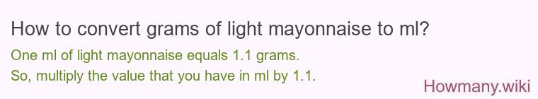 How to convert grams of light mayonnaise to ml? How to convert grams of light mayonnaise to ml?