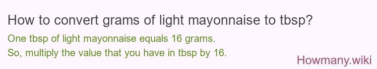 How to convert grams of light mayonnaise to tbsp? How to convert grams of light mayonnaise to tbsp?