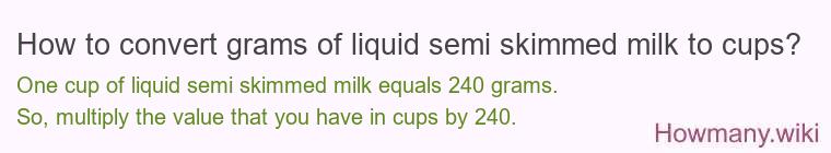 How to convert grams of liquid semi skimmed milk to cups?