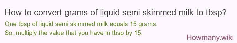 How to convert grams of liquid semi skimmed milk to tbsp?