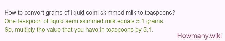 How to convert grams of liquid semi skimmed milk to teaspoons?