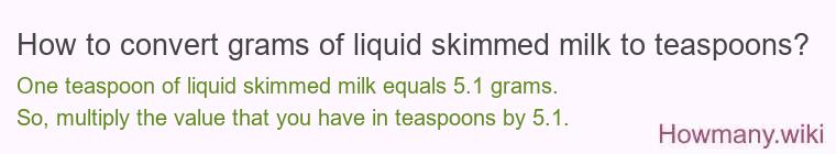How to convert grams of liquid skimmed milk to teaspoons? How to convert grams of liquid skimmed milk to teaspoons?
