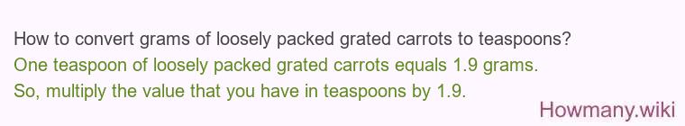 How to convert grams of loosely packed grated carrots to teaspoons?
