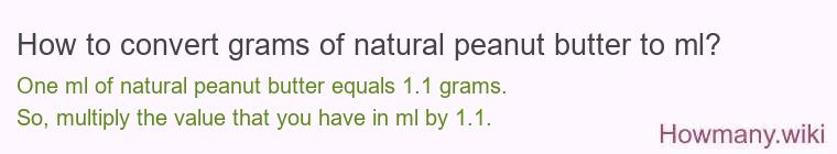 How to convert grams of natural peanut butter to ml? How to convert grams of natural peanut butter to ml?
