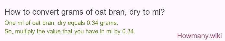 How to convert grams of oat bran, dry to ml? How to convert grams of oat bran, dry to ml?