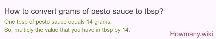 How to convert grams of pesto sauce to tbsp? How to convert grams of pesto sauce to tbsp?