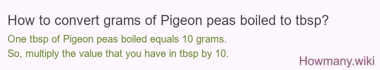How to convert grams of Pigeon peas boiled to tbsp? How to convert grams of Pigeon peas boiled to tbsp?