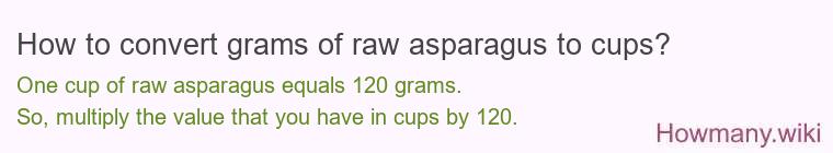 How to convert grams of raw asparagus to cups? How to convert grams of raw asparagus to cups?