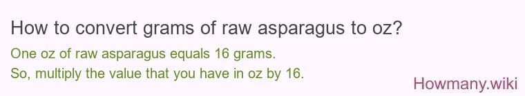 How to convert grams of raw asparagus to oz? How to convert grams of raw asparagus to oz?