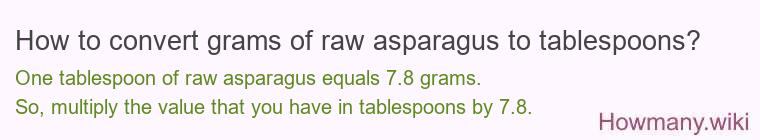 How to convert grams of raw asparagus to tablespoons? How to convert grams of raw asparagus to tablespoons?