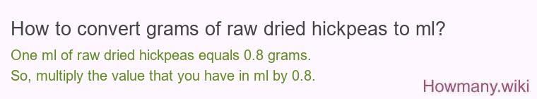 How to convert grams of raw dried hickpeas to ml?