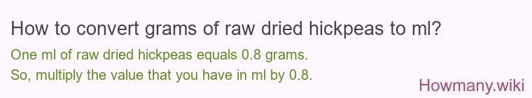 How to convert grams of raw dried hickpeas to ml? How to convert grams of raw dried hickpeas to ml?
