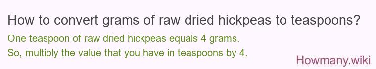 How to convert grams of raw dried hickpeas to teaspoons? How to convert grams of raw dried hickpeas to teaspoons?