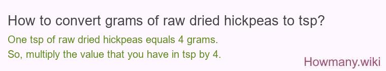 How to convert grams of raw dried hickpeas to tsp? How to convert grams of raw dried hickpeas to tsp?
