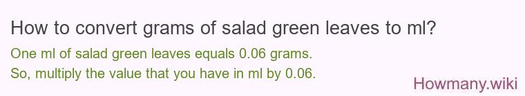 How to convert grams of salad green leaves to ml? How to convert grams of salad green leaves to ml?