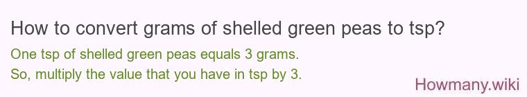 How to convert grams of shelled green peas to tsp? How to convert grams of shelled green peas to tsp?
