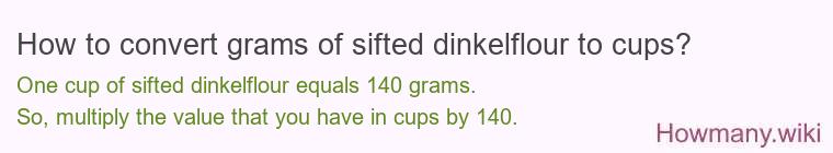 How to convert grams of sifted dinkelflour to cups? How to convert grams of sifted dinkelflour to cups?