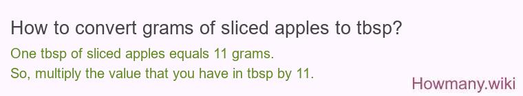 How to convert grams of sliced apples to tbsp? How to convert grams of sliced apples to tbsp?