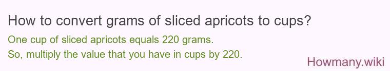 How to convert grams of sliced apricots to cups? How to convert grams of sliced apricots to cups?