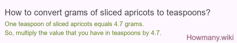 How to convert grams of sliced apricots to teaspoons? How to convert grams of sliced apricots to teaspoons?