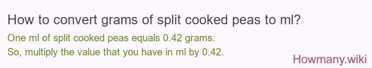 How to convert grams of split cooked peas to ml? How to convert grams of split cooked peas to ml?