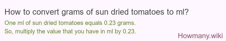 How to convert grams of sun dried tomatoes to ml? How to convert grams of sun dried tomatoes to ml?