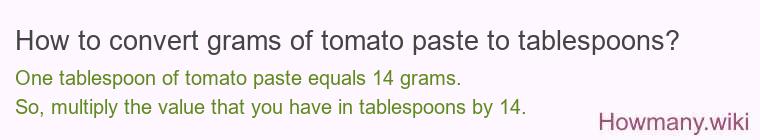 How to convert grams of tomato paste to tablespoons? How to convert grams of tomato paste to tablespoons?