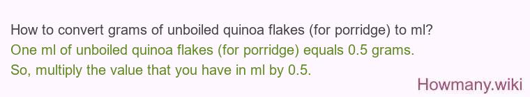 How to convert grams of unboiled quinoa flakes (for porridge) to ml? How to convert grams of unboiled quinoa flakes (for porridge) to ml?