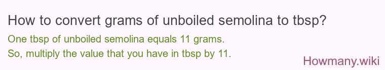 How to convert grams of unboiled semolina to tbsp? How to convert grams of unboiled semolina to tbsp?