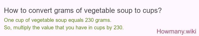 How to convert grams of vegetable soup to cups? How to convert grams of vegetable soup to cups?