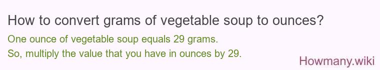 How to convert grams of vegetable soup to ounces? How to convert grams of vegetable soup to ounces?