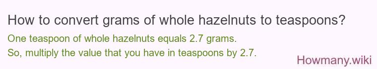 How to convert grams of whole hazelnuts to teaspoons? How to convert grams of whole hazelnuts to teaspoons?