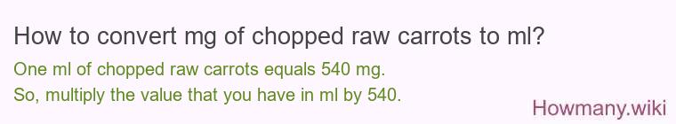 How to convert mg of chopped raw carrots to ml? How to convert mg of chopped raw carrots to ml?